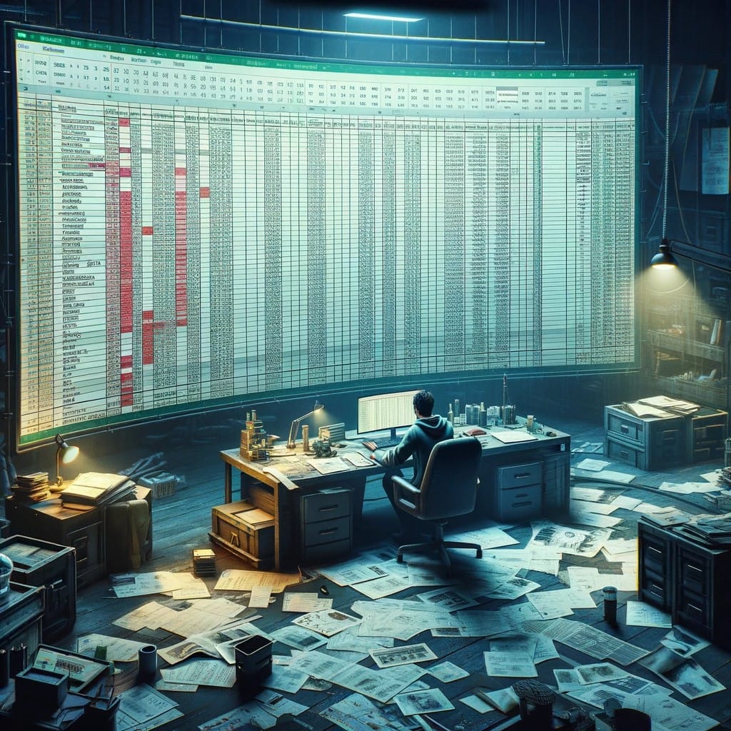 A person sitting at a cluttered desk in front of a large, illuminated spreadsheet on a wall, with papers and documents scattered on the floor.