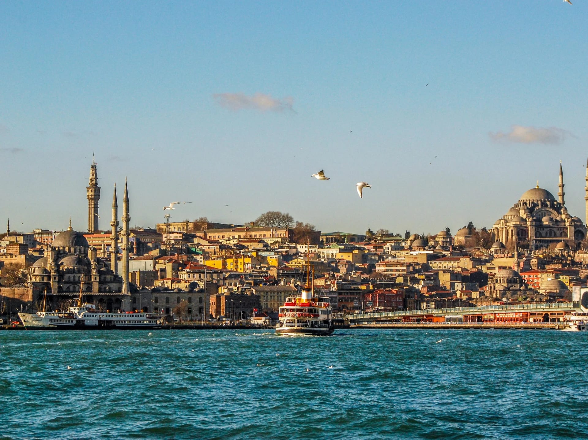 View of Istanbul skyline with mosques, boats on the water, and seagulls flying in the sky.