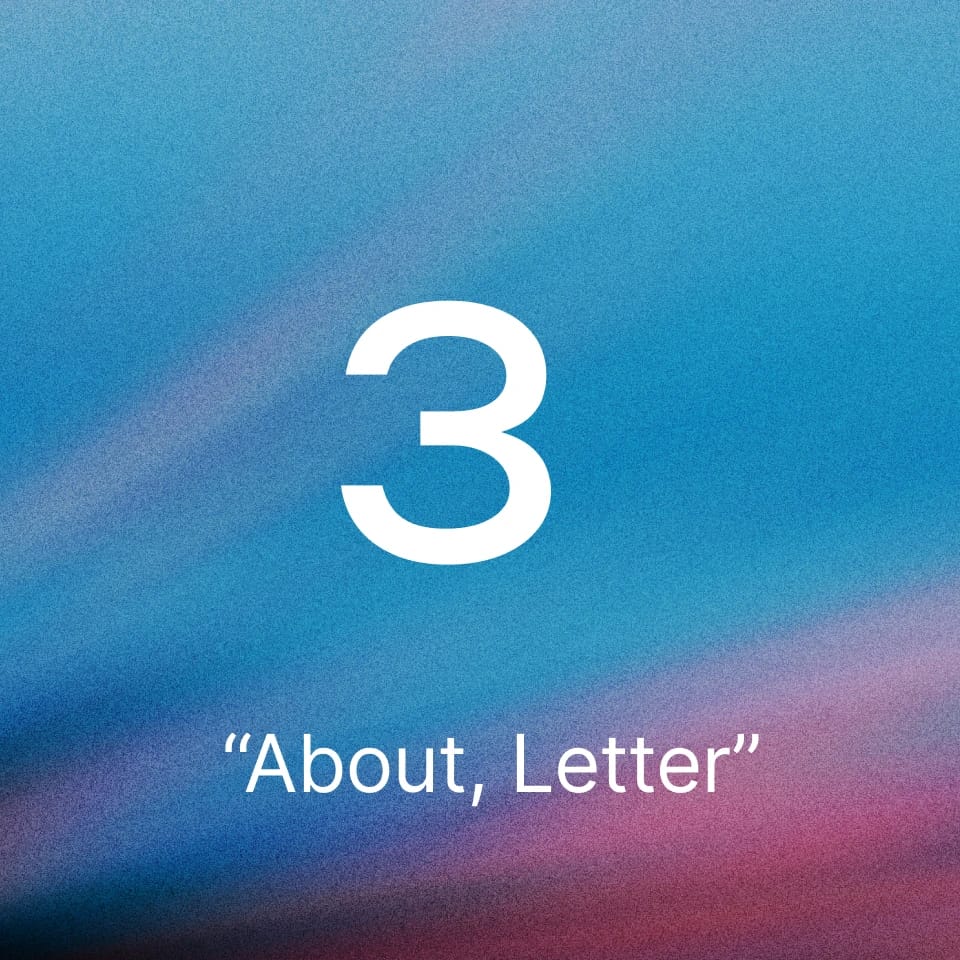 A white number 3 and the text "About, Letter" on a blue gradient background.