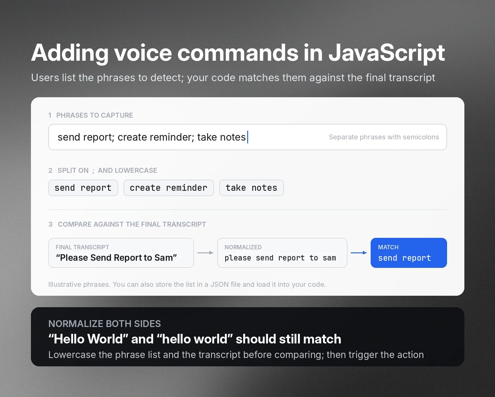 Voice command UI splits phrases, normalizes text, and matches them to a transcript.