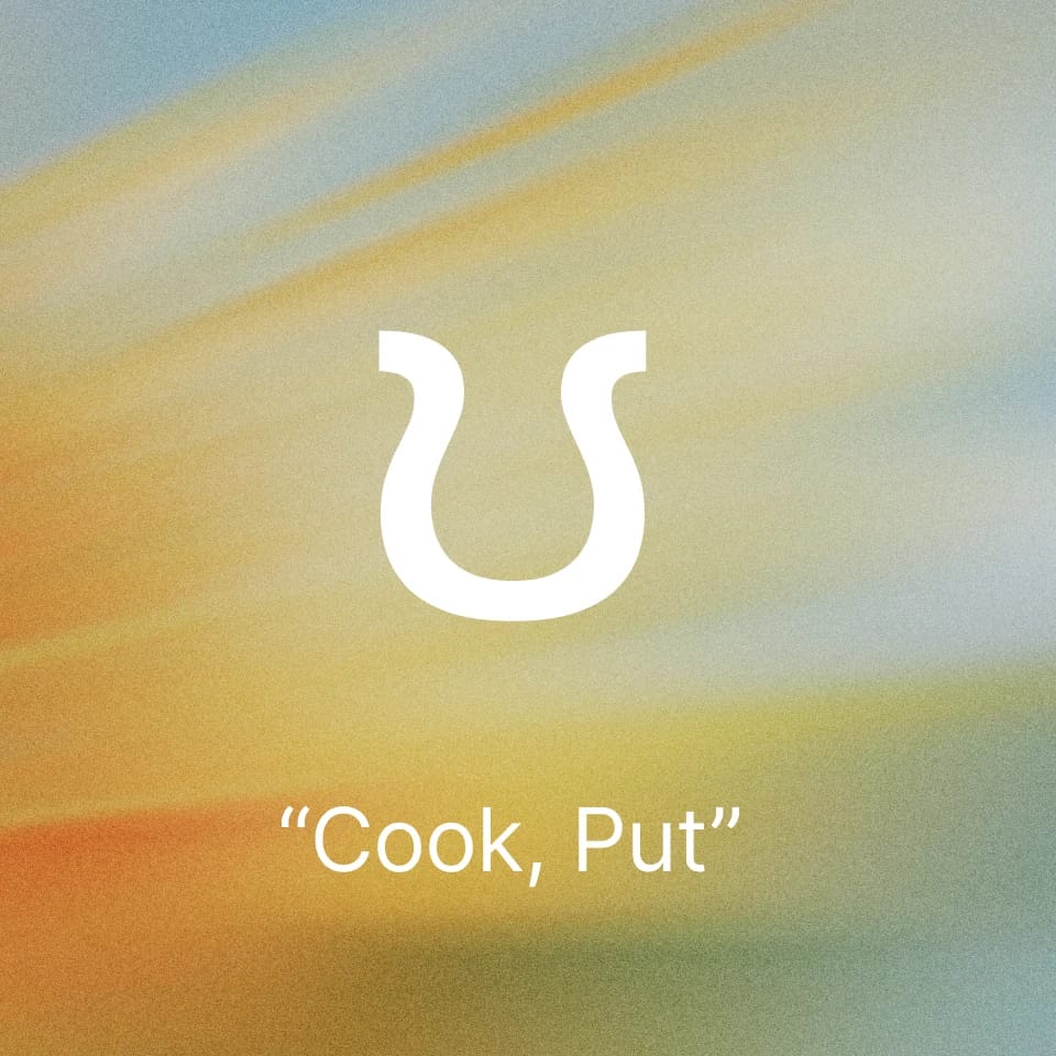 Stylized horseshoe symbol with “Cook, Put” text on a gradient background.