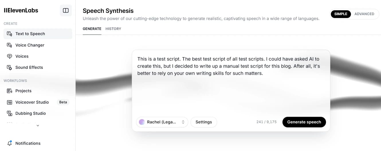 Screenshot of ElevenLabs Speech Synthesis interface with a test script and a "Generate speech" button.