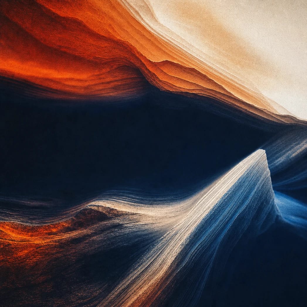 Abstract depiction of layered, swirling colors resembling desert dunes.