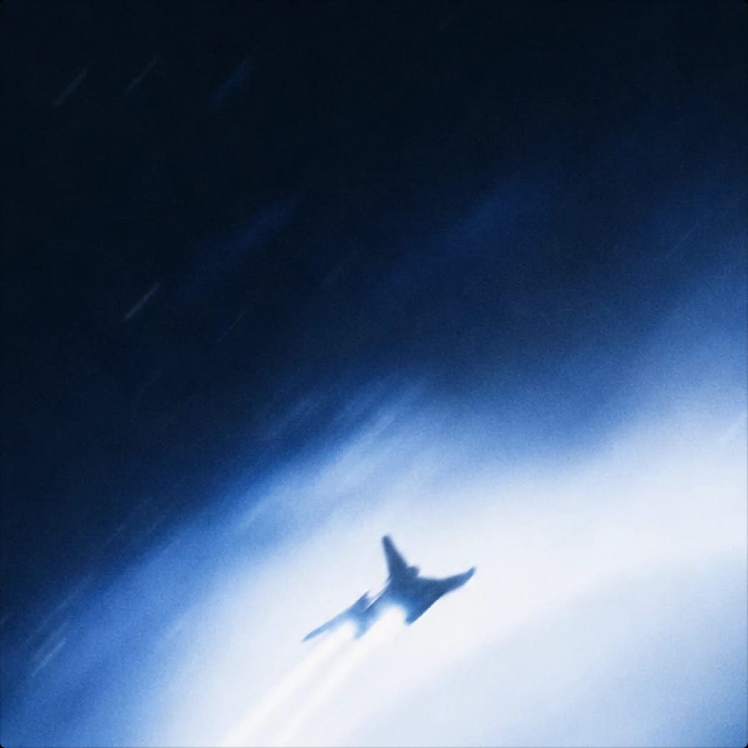 A spacecraft emitting trails against a blue, starry space background.