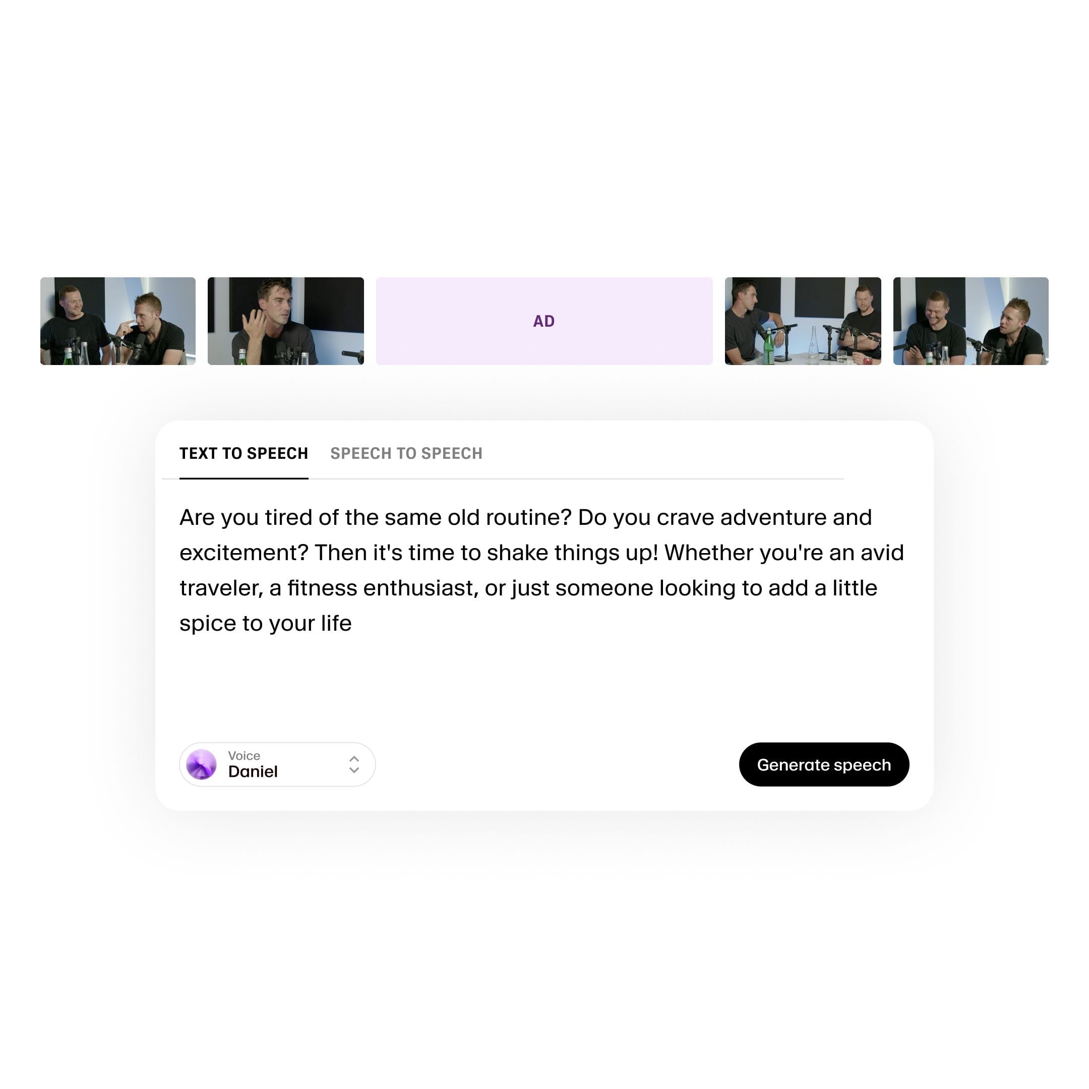 Screenshot of a speech generation interface with a video thumbnail strip at the top, a purple "AD" placeholder, and a text box with a prompt about adventure and excitement, along with a voice selection dropdown and a "Generate speech" button.