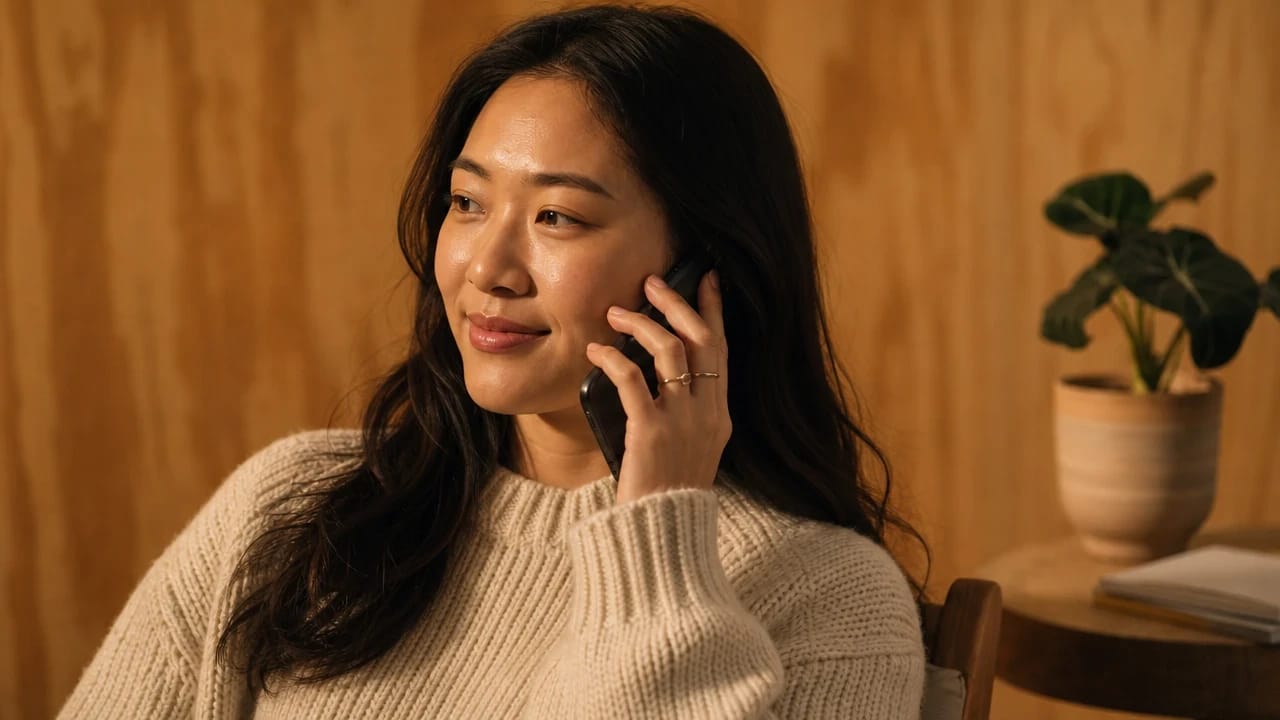 Woman in a cozy sweater smiling while talking on the phone, with a plant in the background.