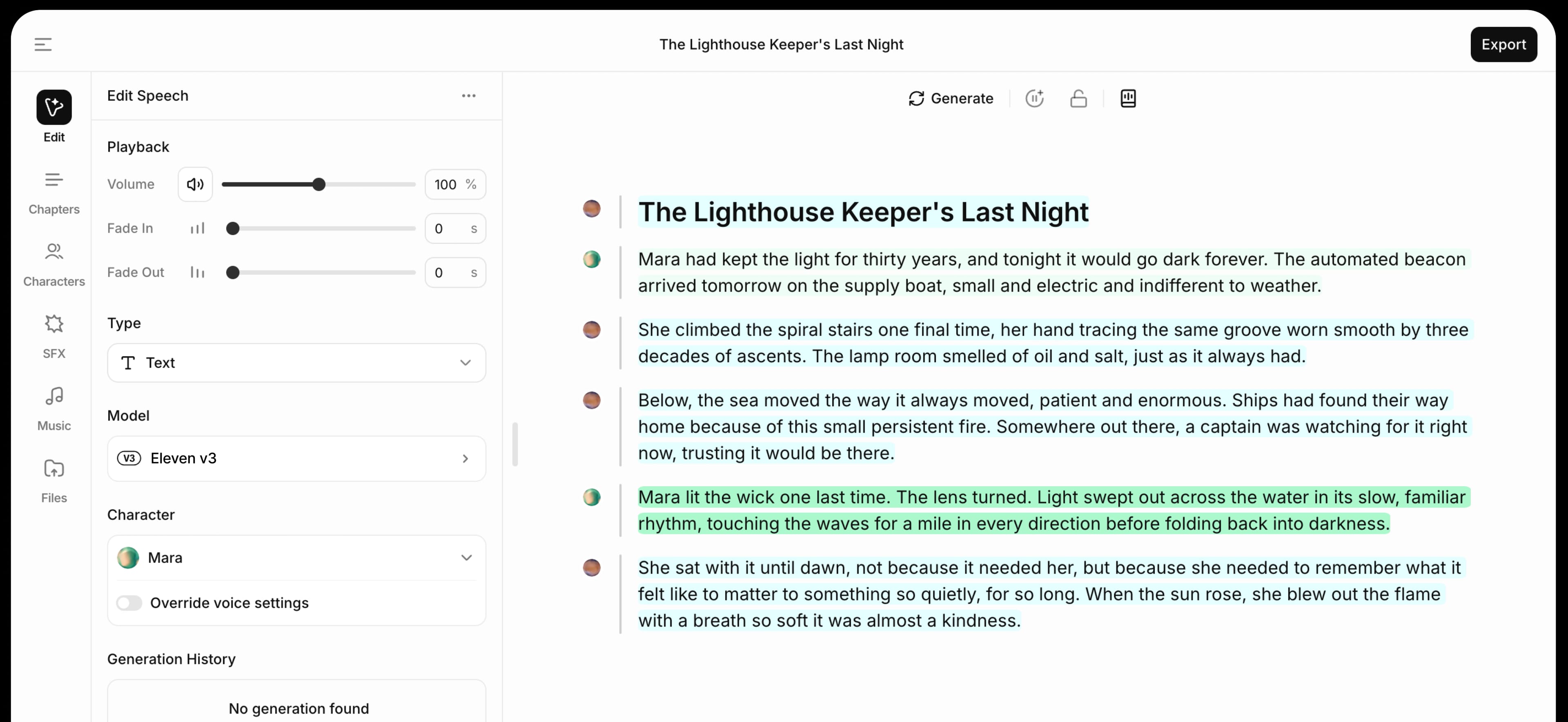 Audio editing interface with text about a lighthouse keeper's last night.