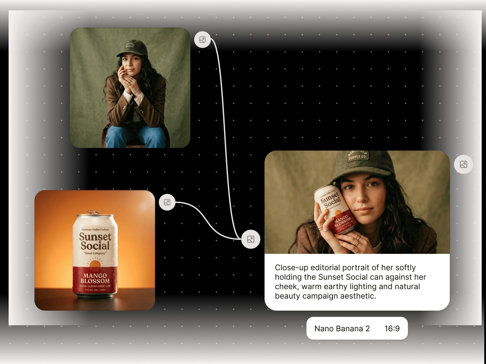 A person holds a Sunset Social can against their cheek; the can reads "Mango Blossom."