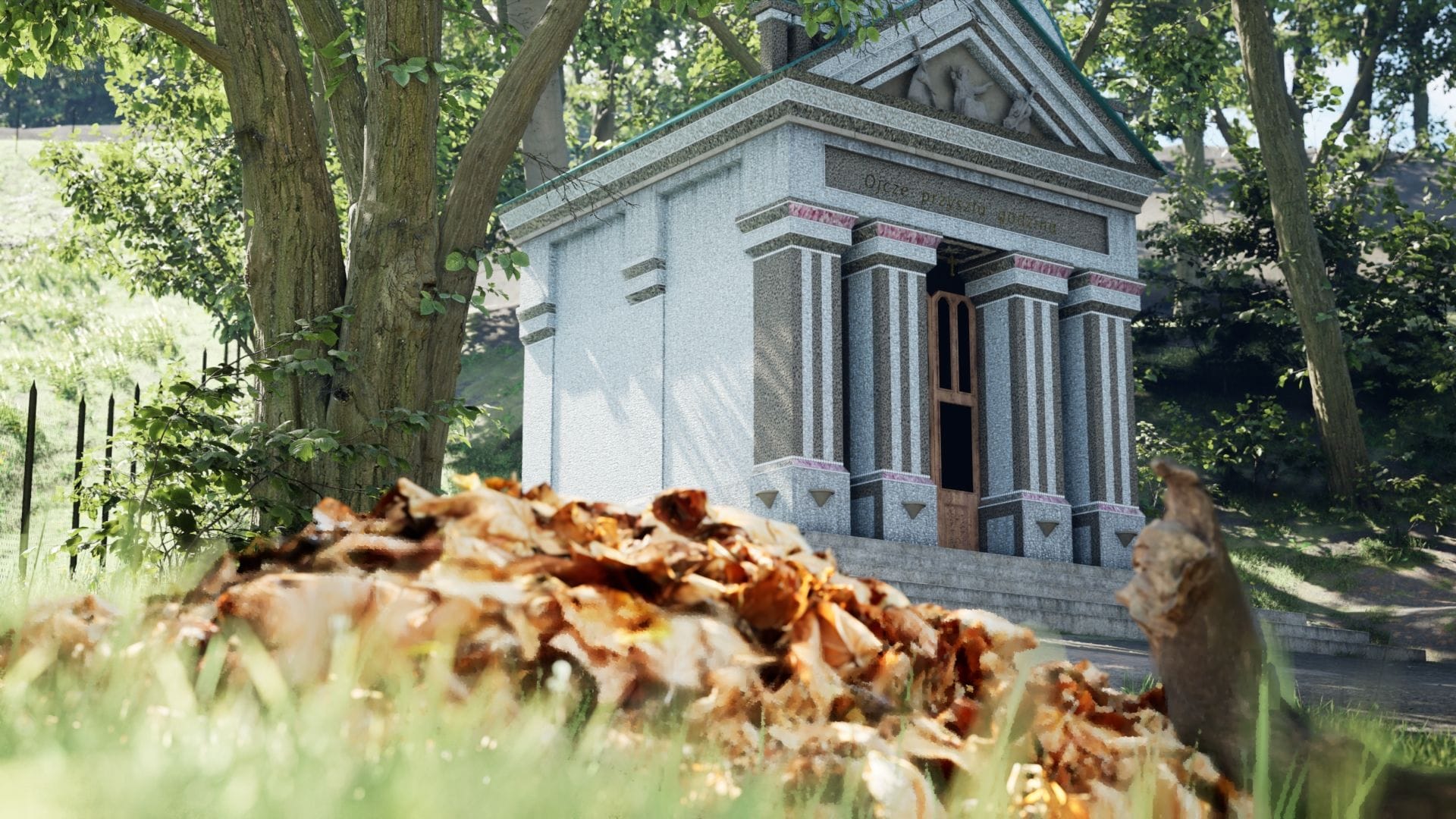 A small mausoleum surrounded by trees and a pile of leaves.