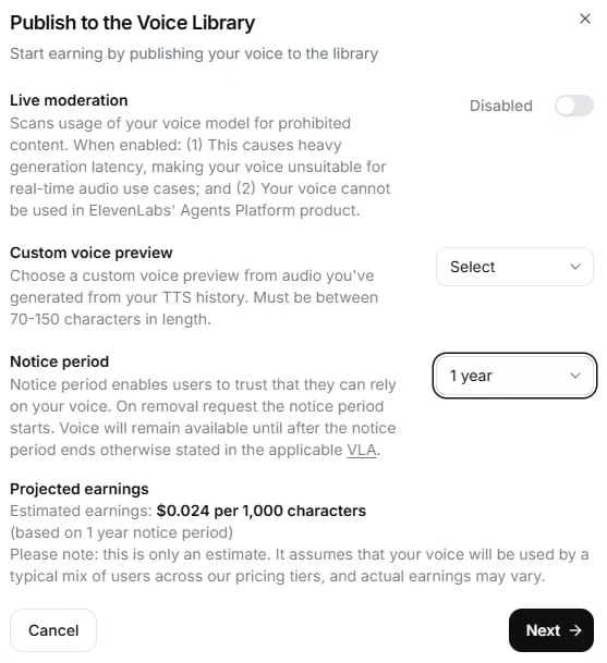 Voice Library Sharing Options settings screen showing toggle for financial rewards, notice period, rate selection, moderation, and preview options.