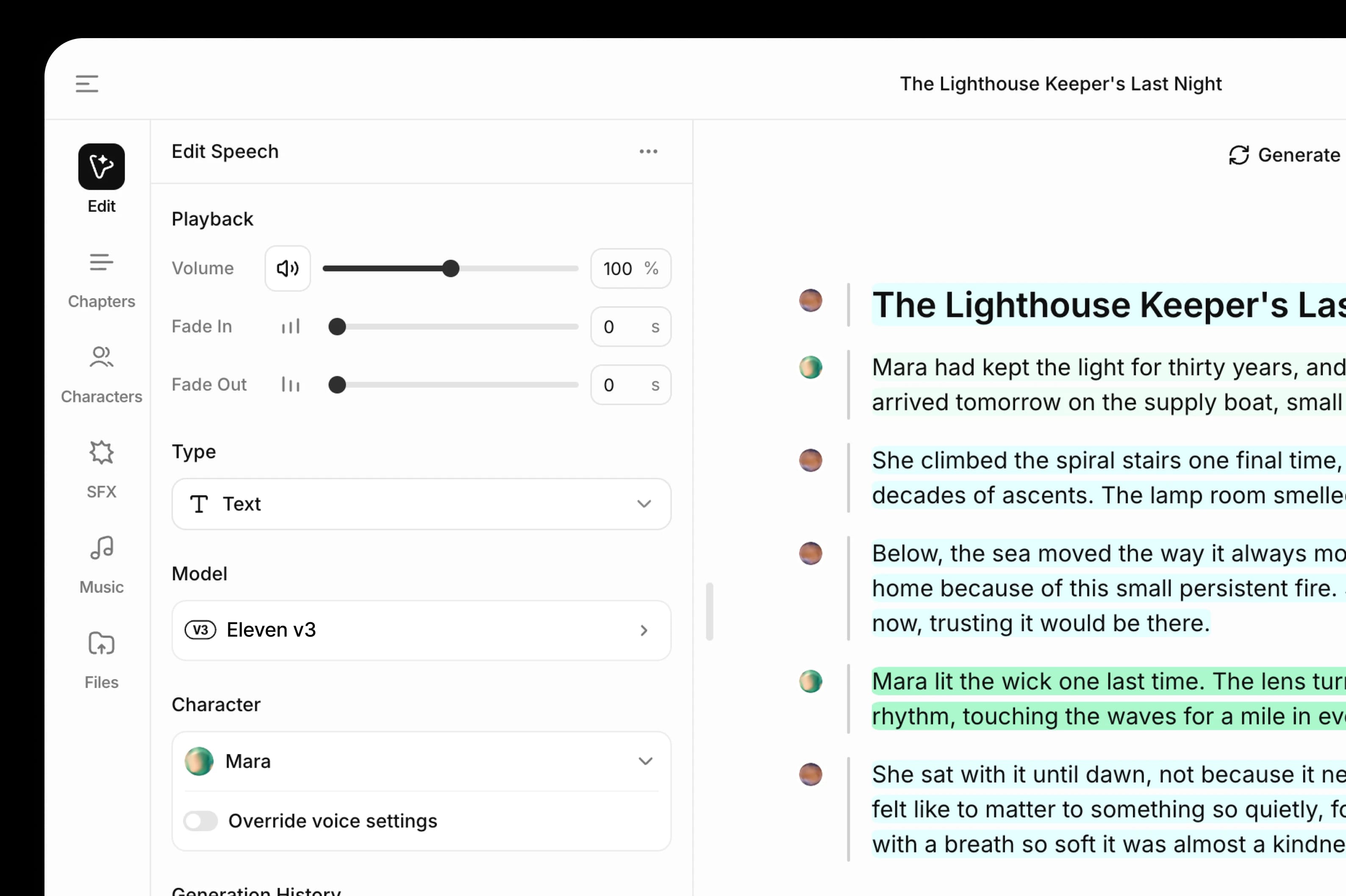 Audio editing interface showing text for a story titled "The Lighthouse Keeper's Last Night."