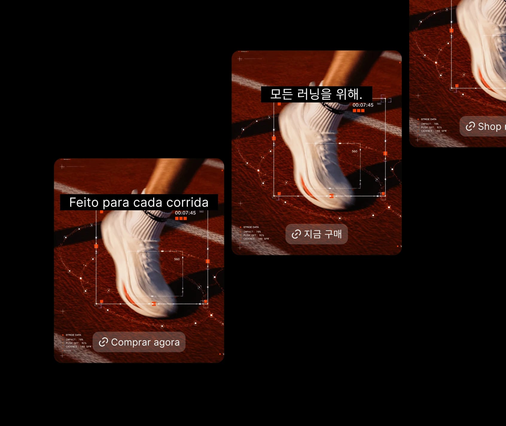 Three running shoe ads in Portuguese, Korean, and English with "Buy Now" buttons.
