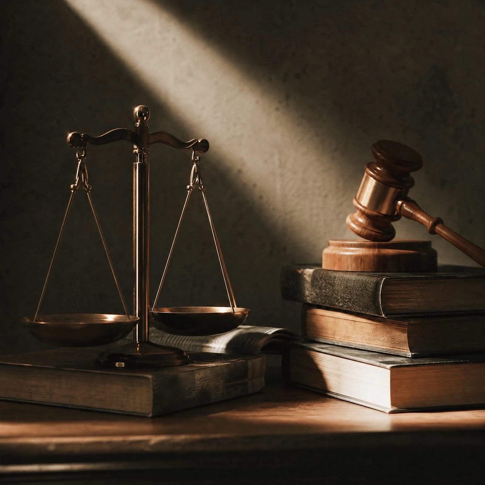 Scales of justice, gavel, and law books on a wooden desk symbolize the legal system.
