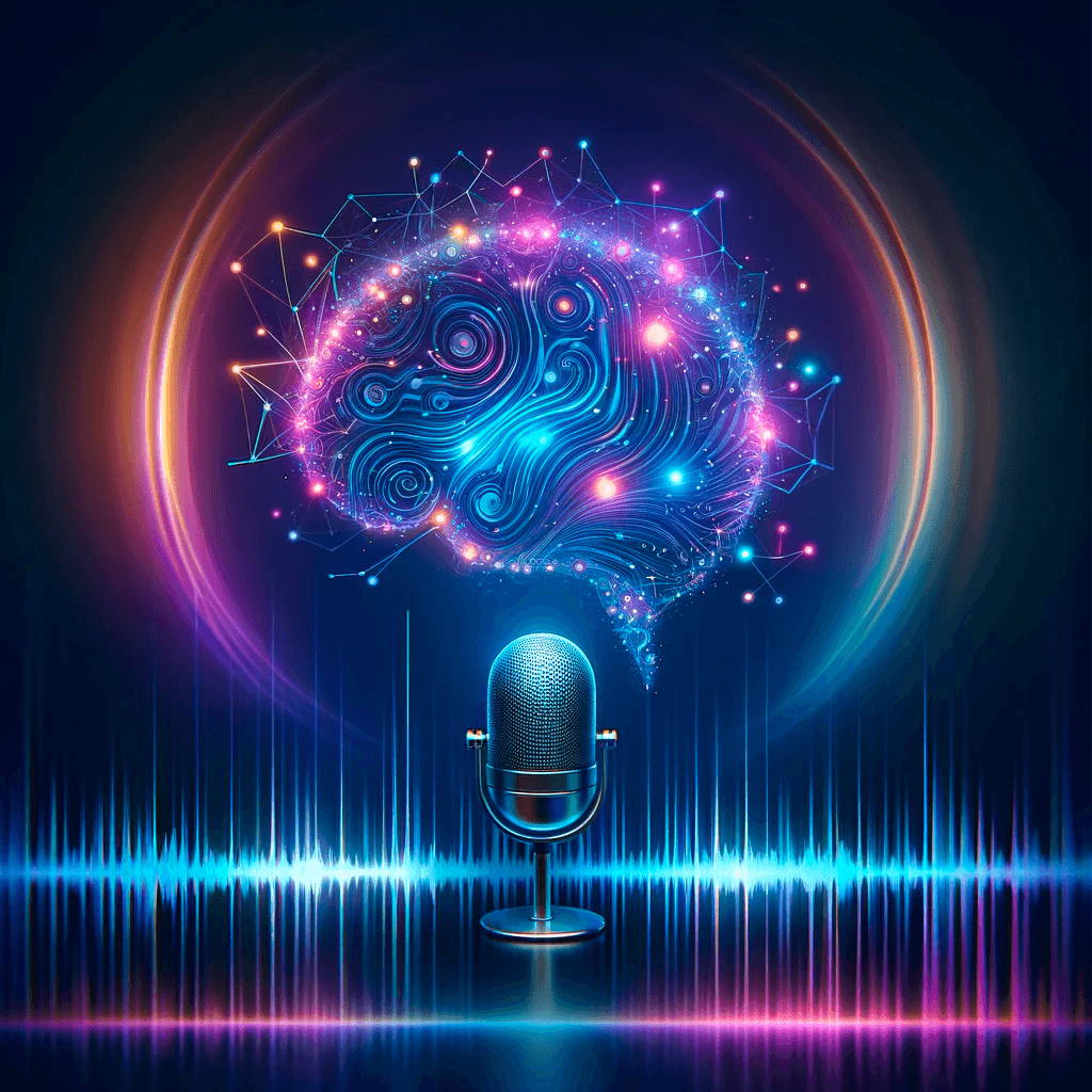 A microphone with a digital brain and colorful neural network above it, representing artificial intelligence and voice technology.