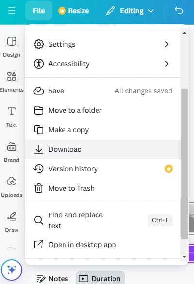 Screenshot of a file menu in a design app showing options like Settings, Accessibility, Save, Move to a folder, Make a copy, Download, Version history, Move to Trash, Find and replace text, and Open in desktop app.