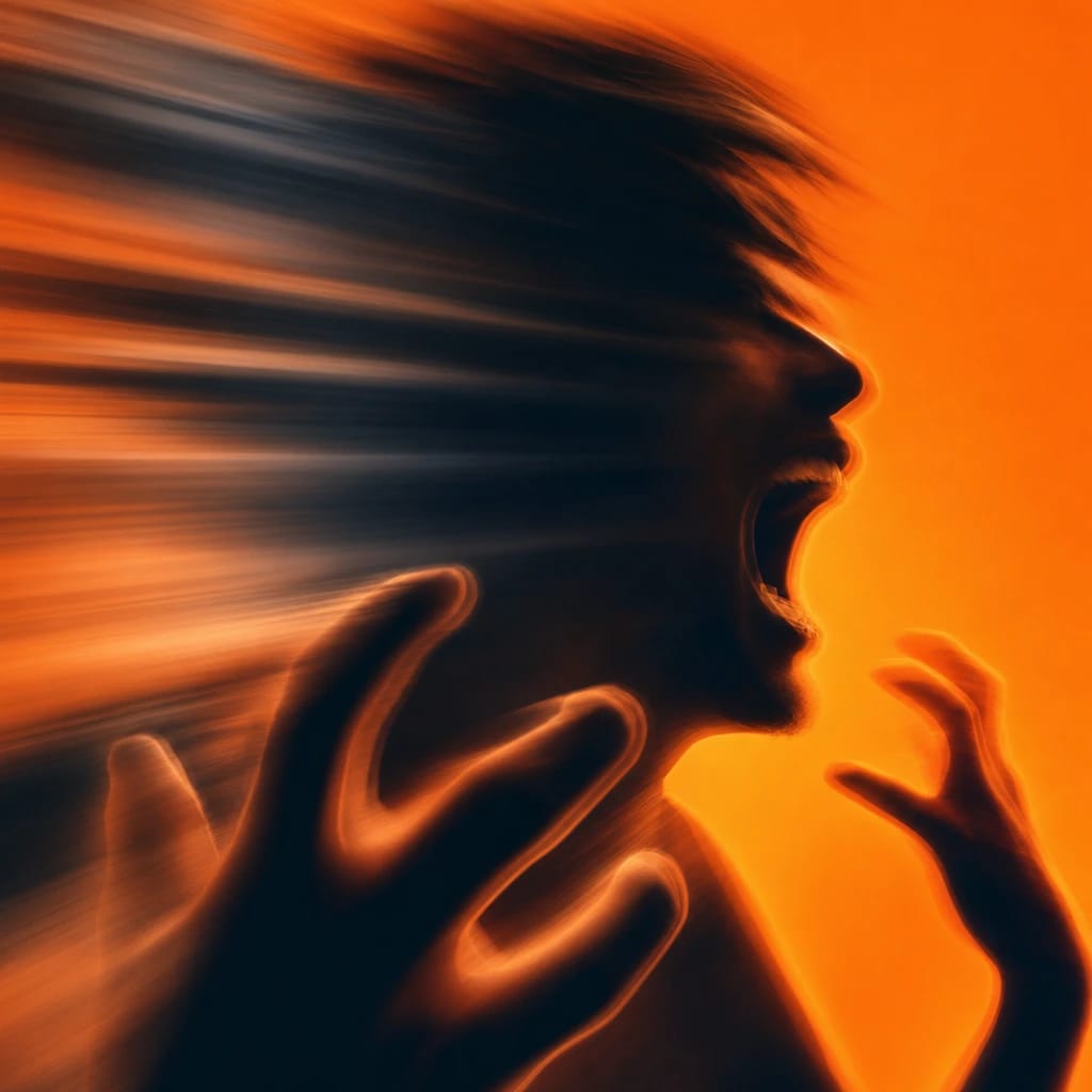 Stylized scene featuring a dramatic silhouette of a person mid-scream with hands raised, angular motion lines, rendered in deep green, off-white