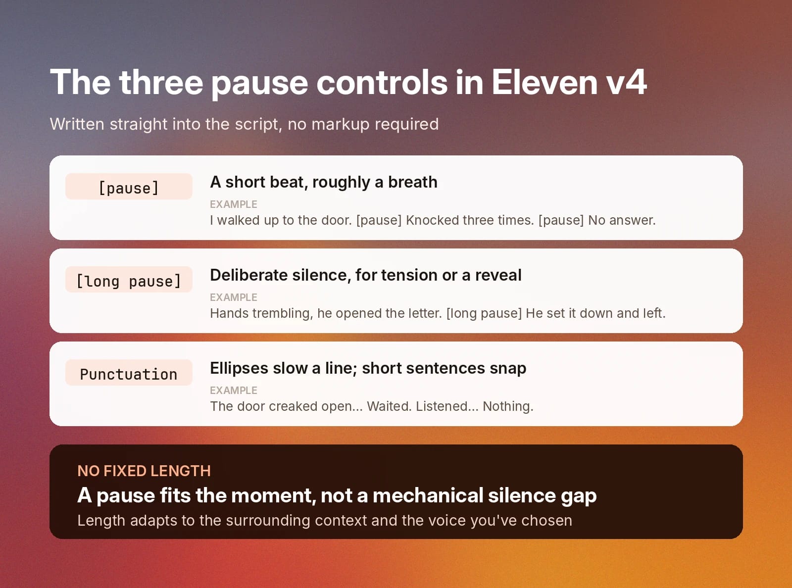 Eleven v4 pause controls: [pause], [long pause], and punctuation, with context-based timing. Discover how to add pauses in AI voiceover with these tags