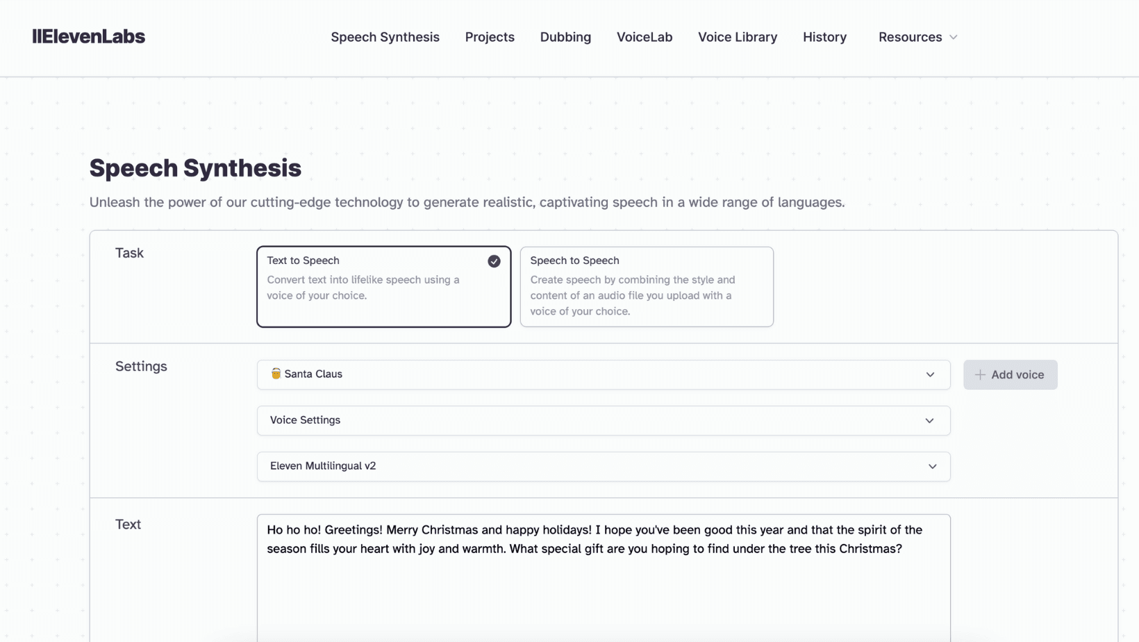 Screenshot of the ElevenLabs Speech Synthesis webpage with options for text-to-speech, voice settings, and a Christmas greeting message.