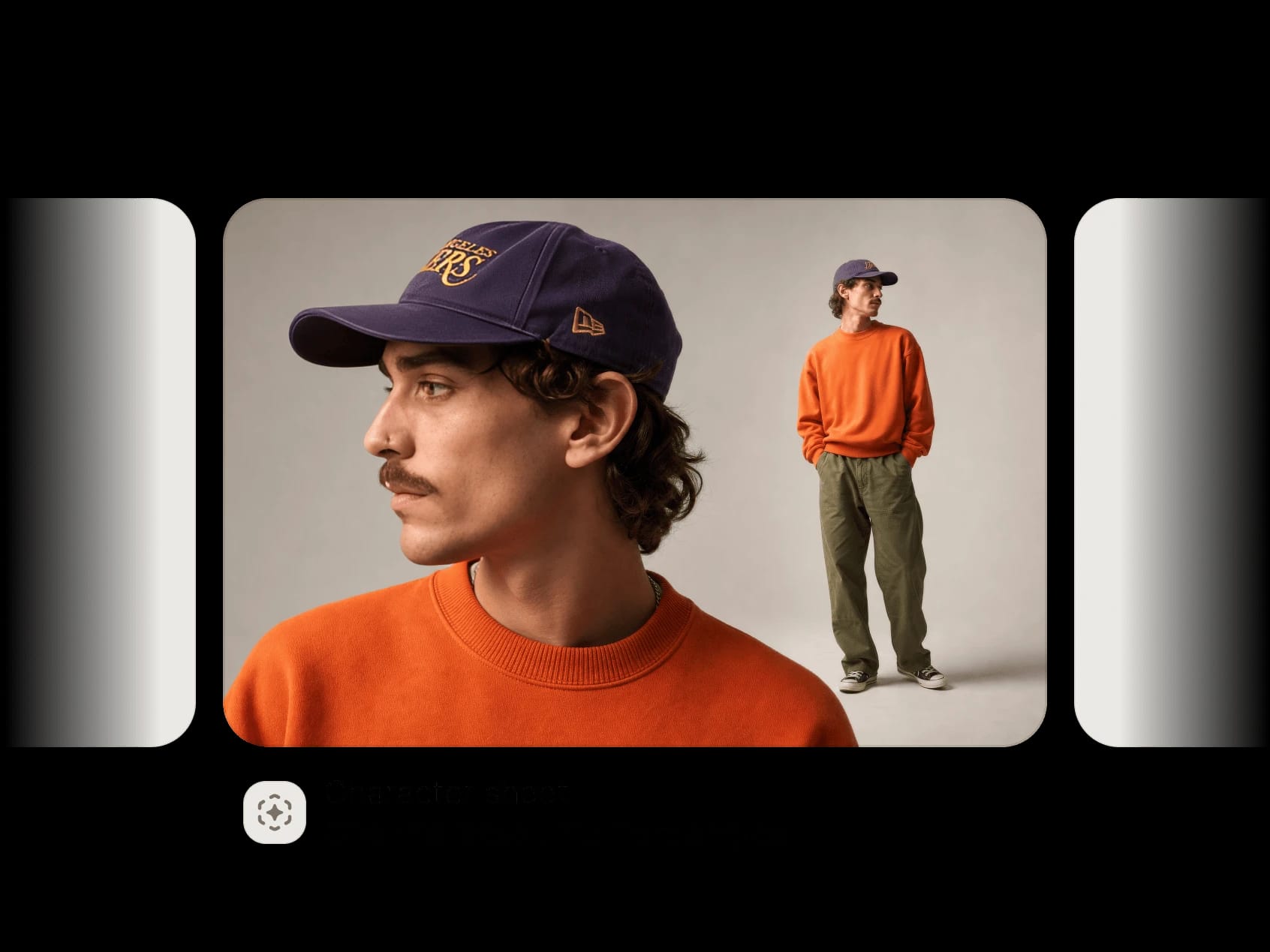 Man in orange sweater and purple cap, shown from side and full length.