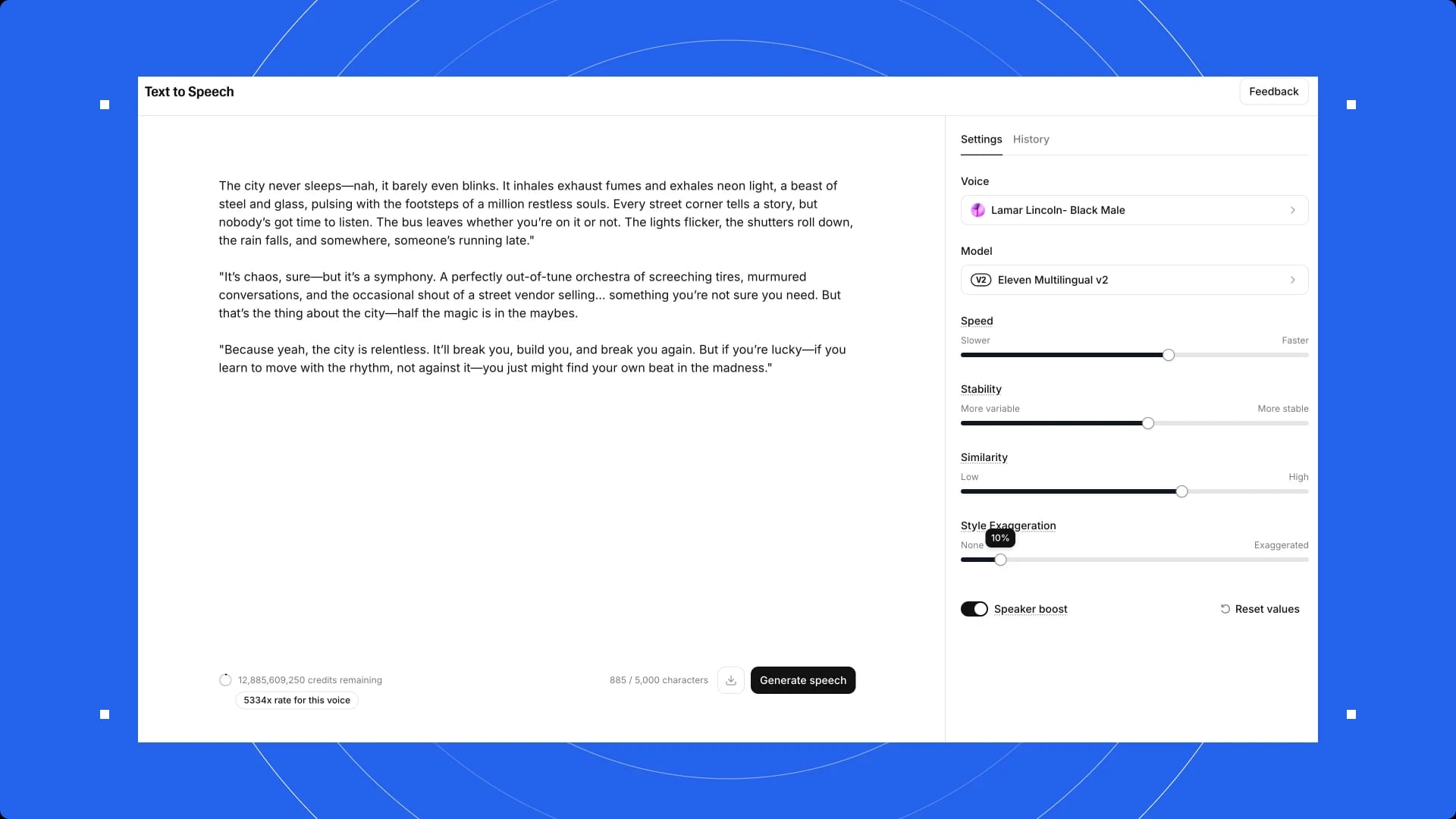 Screenshot of a text-to-speech software interface with a paragraph of text and various settings on the right side.