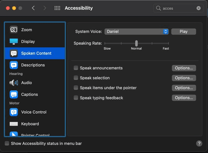 Accessibility settings for spoken content with voice options and speaking rate adjustment.