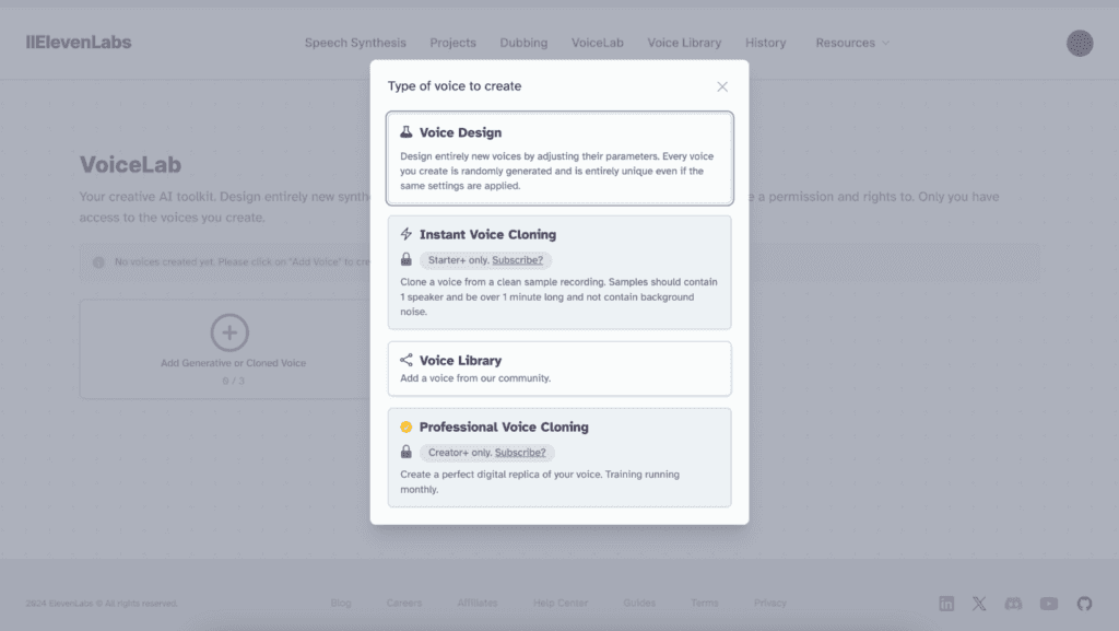 Popup menu showing options for creating or cloning voices, including Voice Design, Instant Voice Cloning, Voice Library, and Professional Voice Cloning.