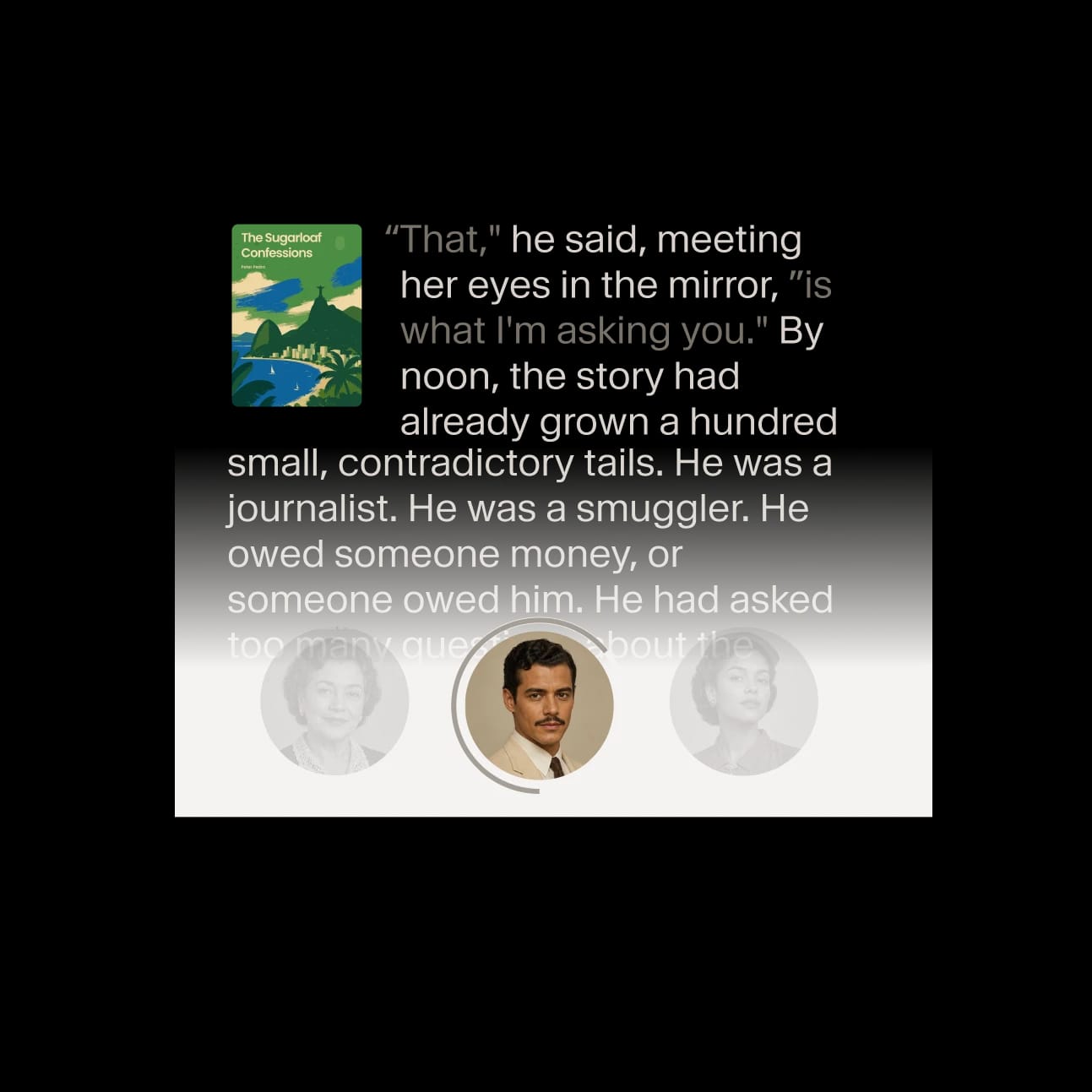 Book cover "The Sugarloaf Confessions" with a passage and three grayscale portraits.