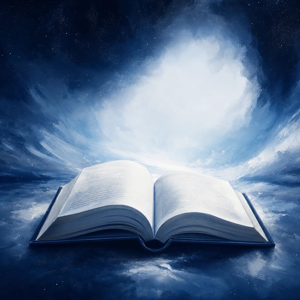 Stylized scene featuring open hardcover book with gentle lighting, rendered in #DFE8F3 and #020A2F
