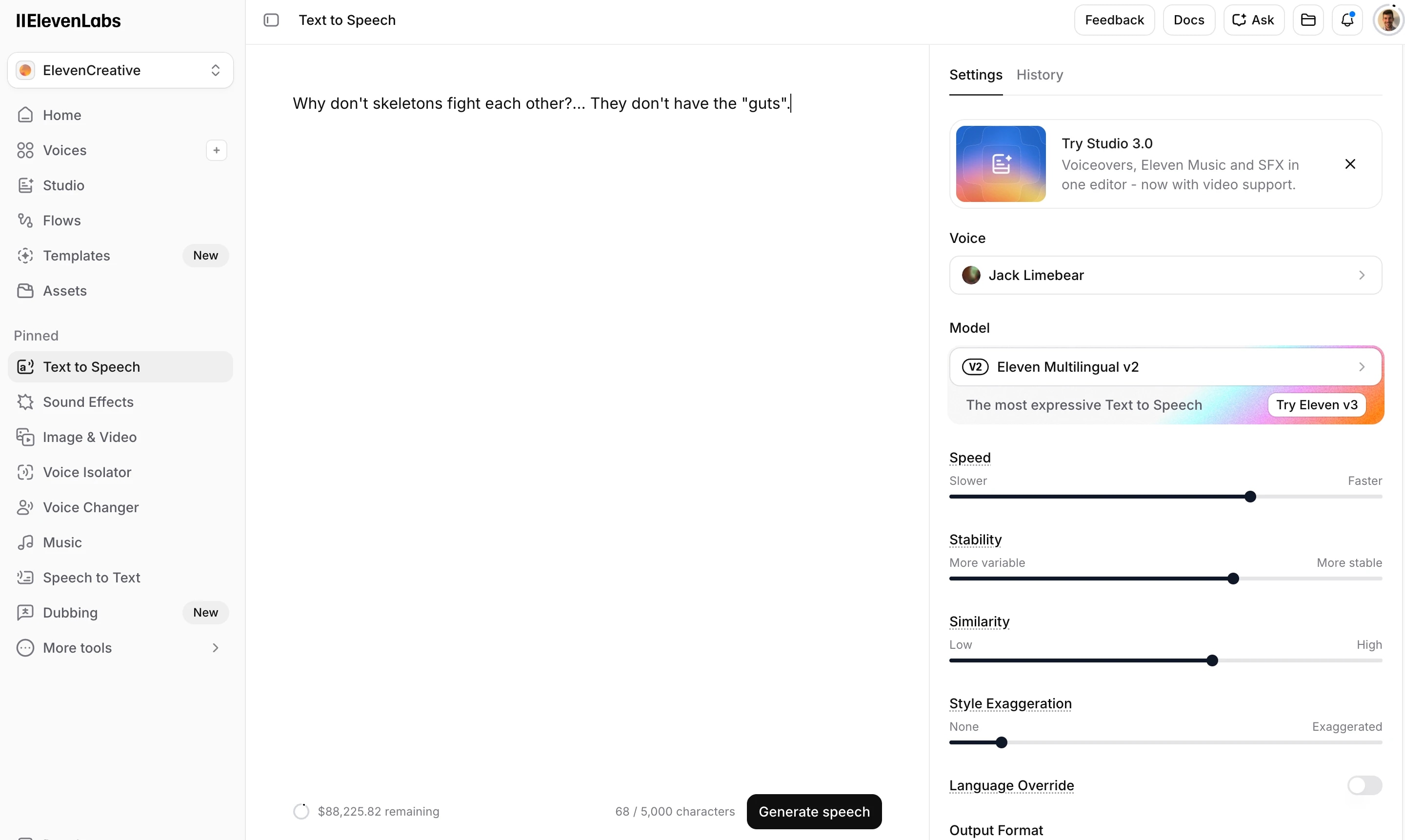 ElevenLabs interface showing text-to-speech settings with a skeleton joke entered.