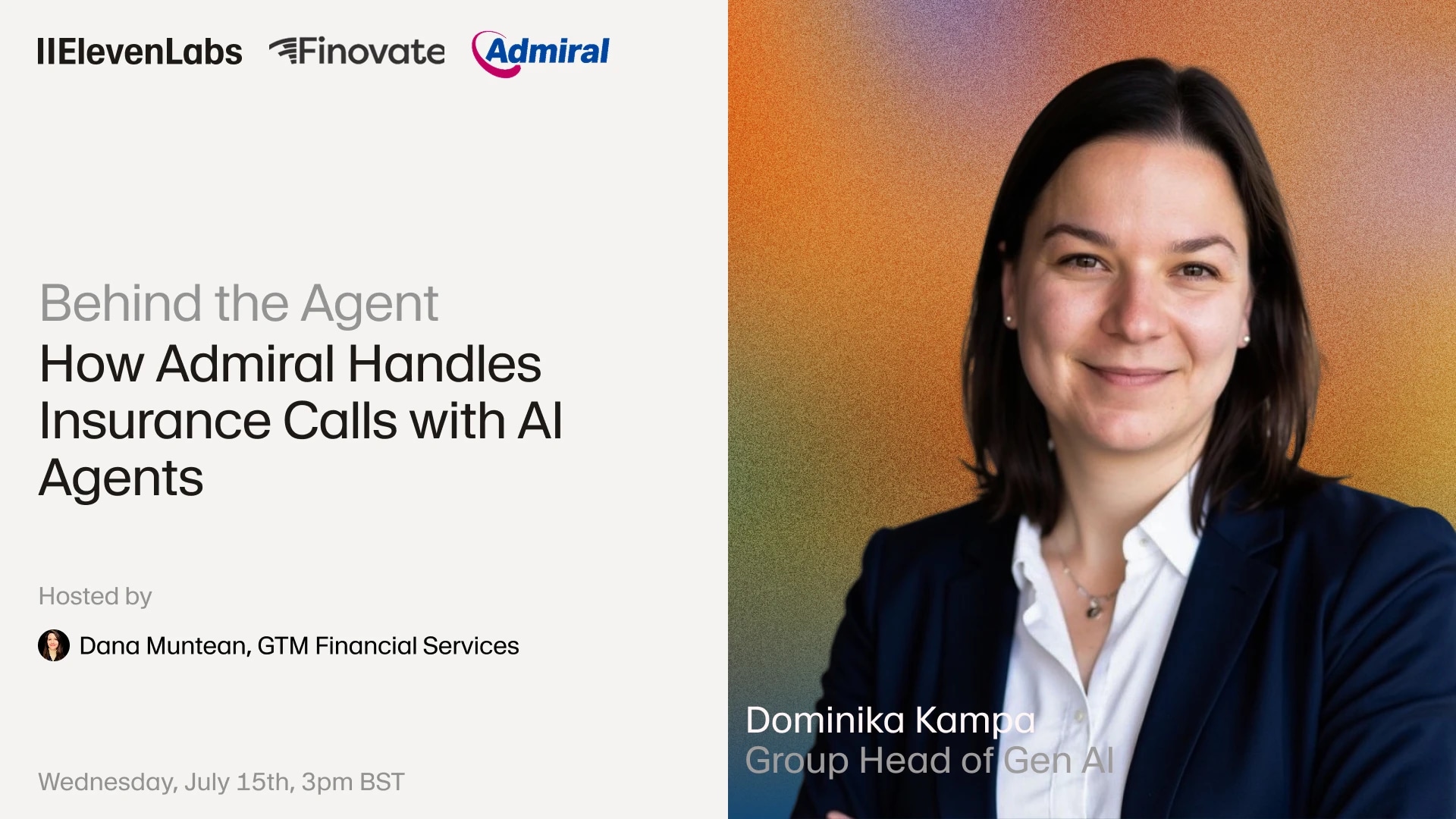 Webinar titled "Behind the Agent: How Admiral Handles Insurance Calls with AI Agents" with Dominika Kampa.