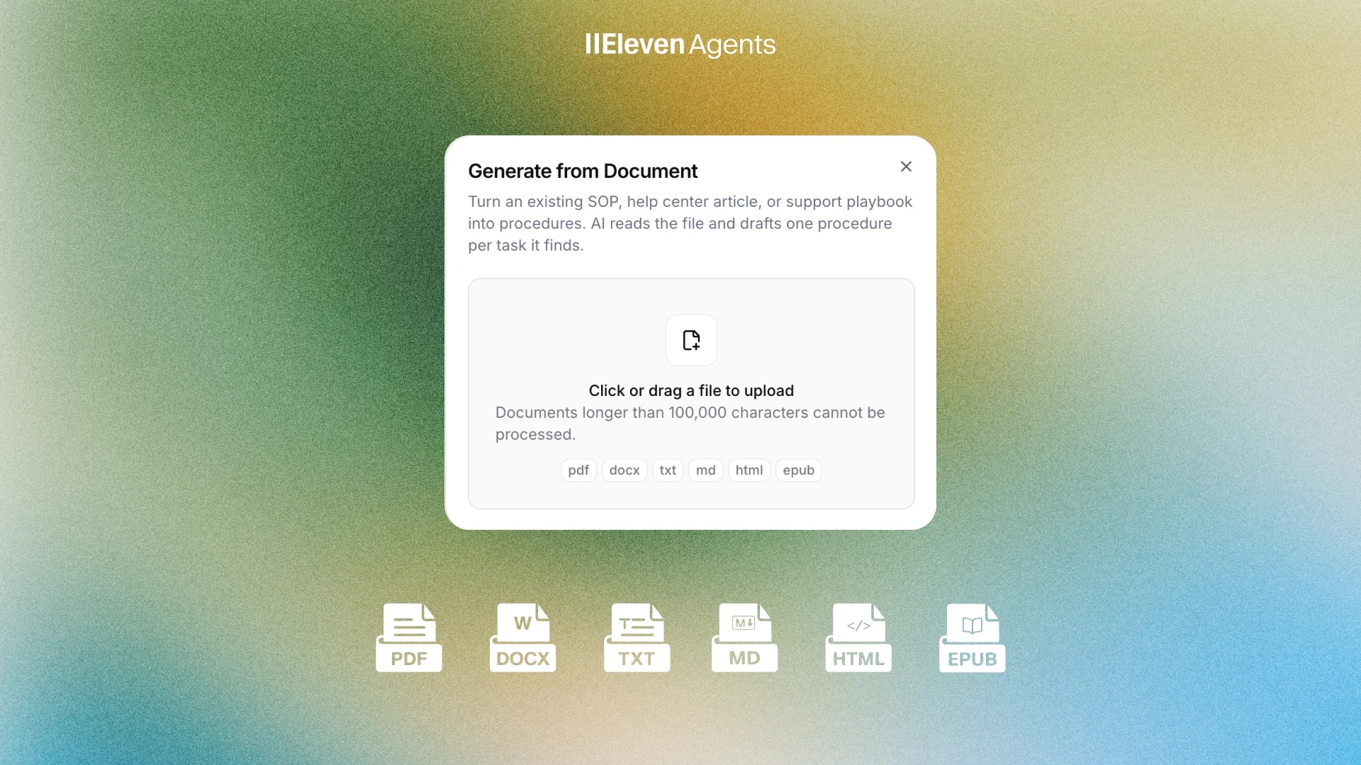 Interface for uploading documents to convert into procedures. Supports PDF, DOCX, TXT, MD, HTML, EPUB.