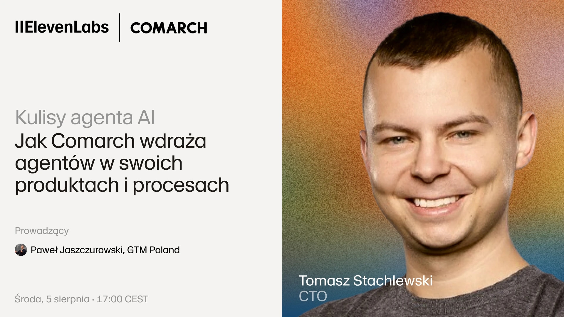 ElevenLabs and Comarch event on AI agents, hosted by Paweł Jaszczurovski.