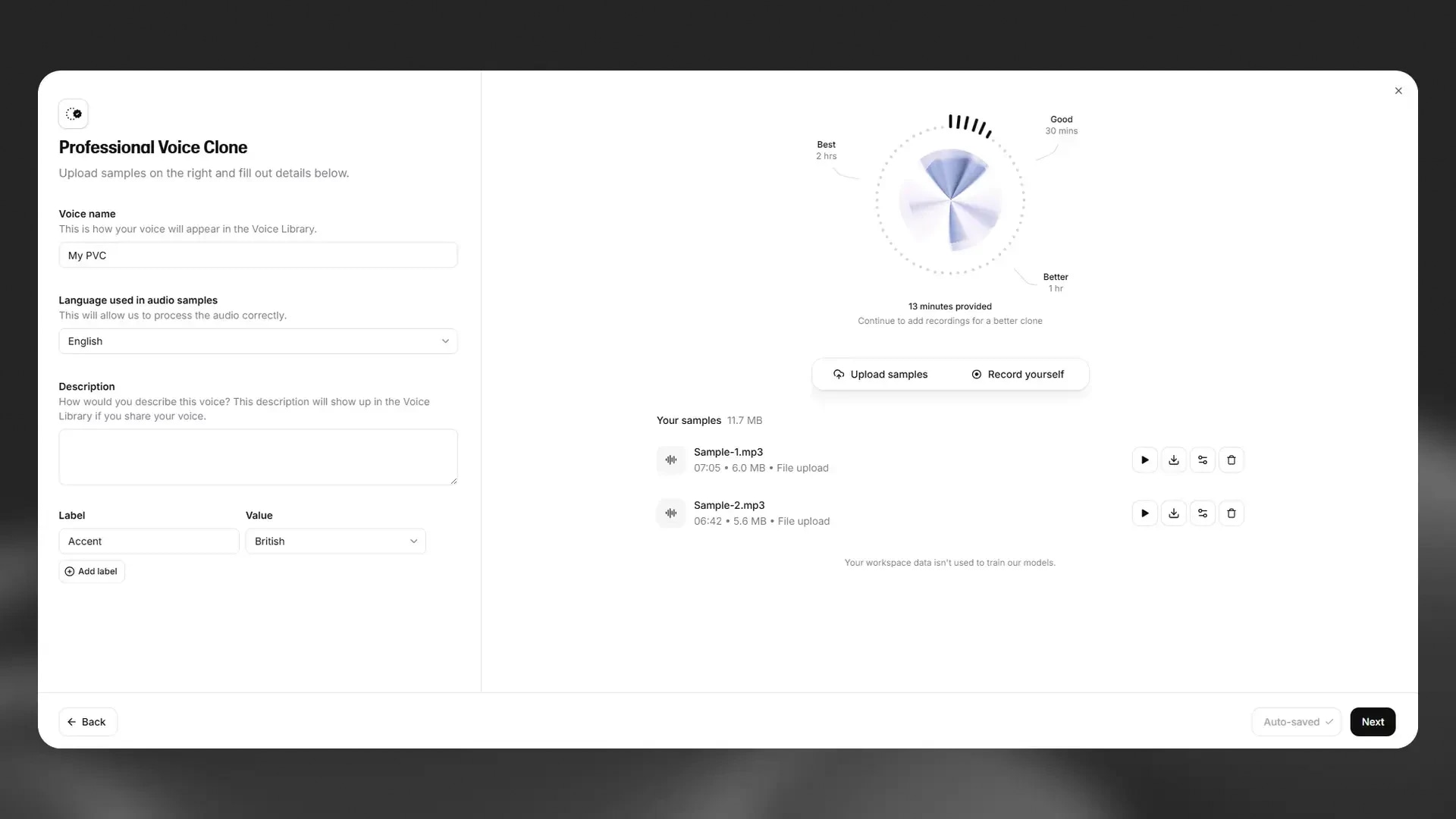 Professional Voice Clone interface showing voice sample upload and configuration options.