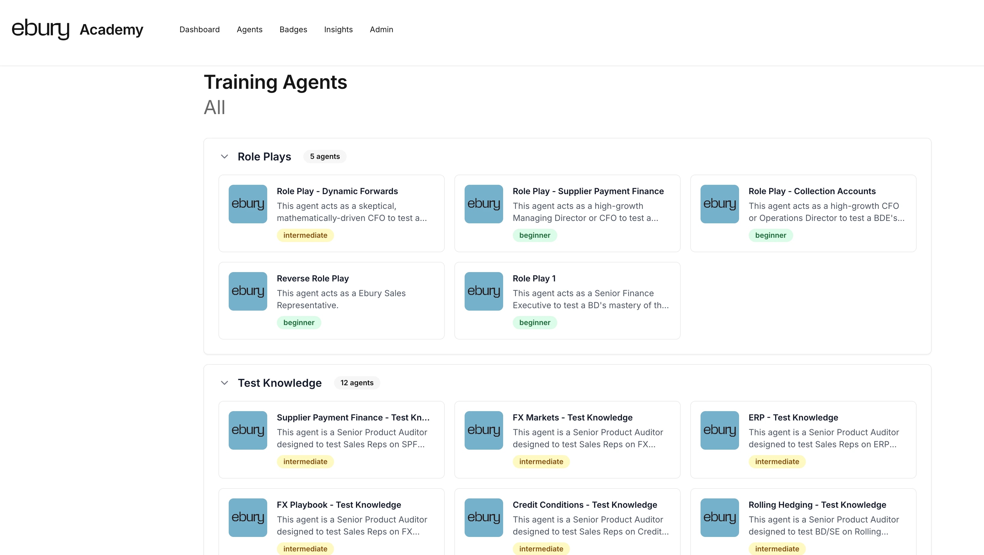 Ebury Academy interface showing training agents for role plays and test knowledge, with skill levels.