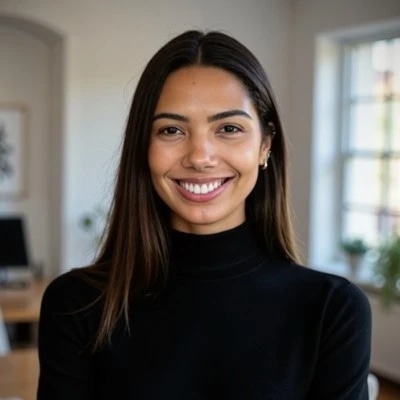Smiling person in a black turtleneck in a bright room.