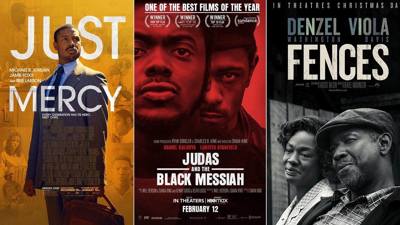 Movie posters for "Just Mercy" "Judas and the Black Messiah" and "Fences"
