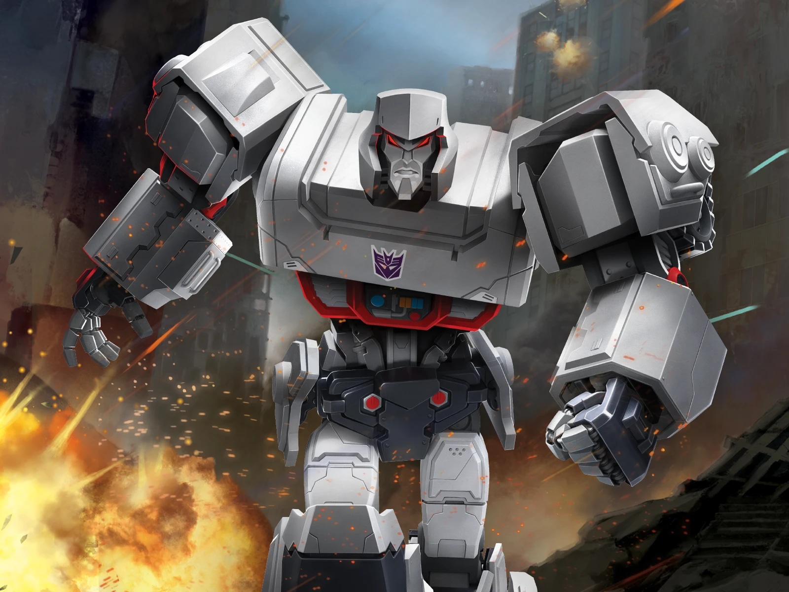 A powerful robot in a battle scene, with explosions and damaged buildings in the background.