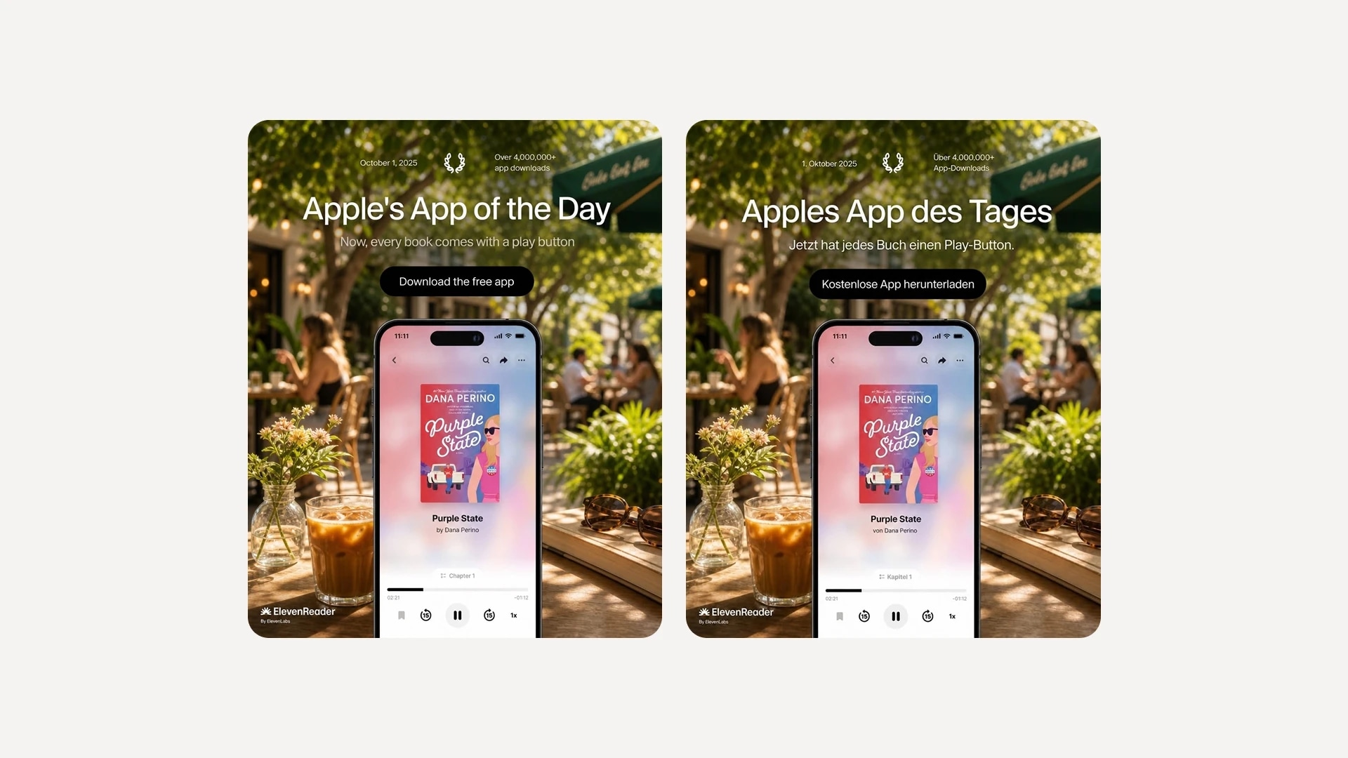App of the Day banners showcasing ElevenReader app with an audiobook feature.