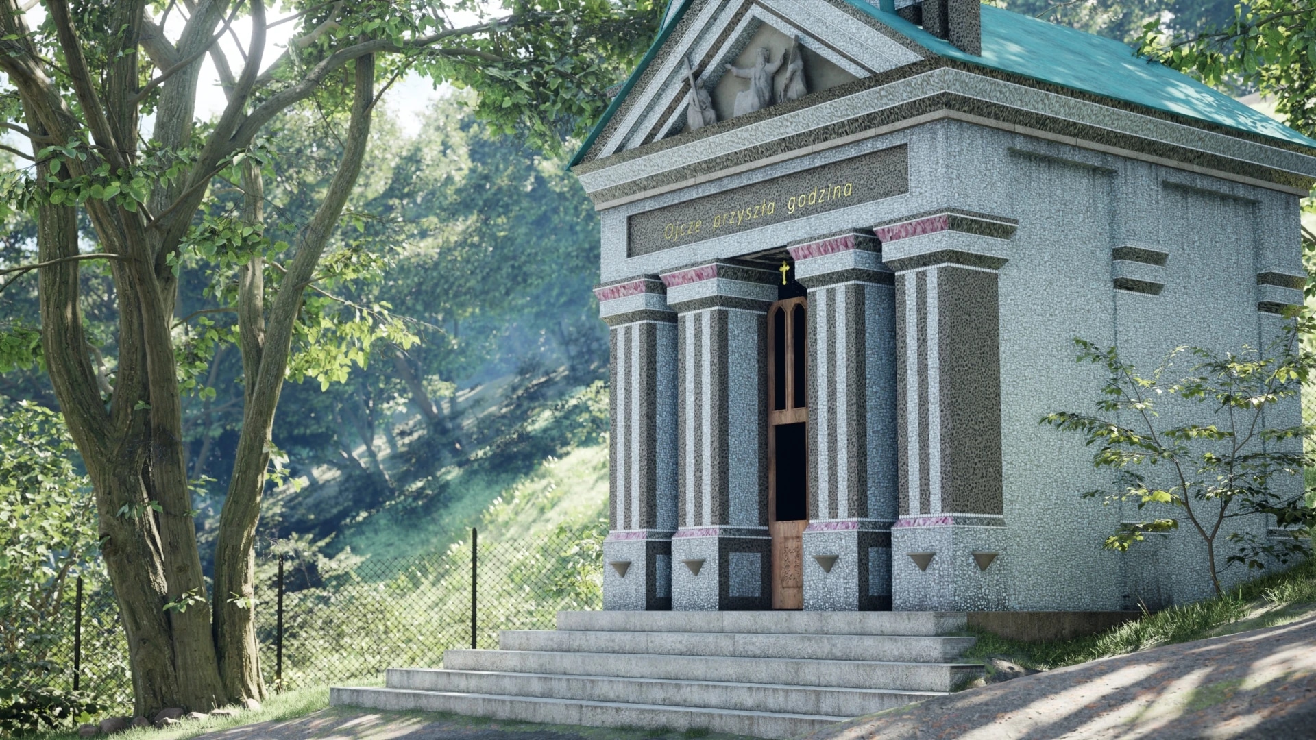 Small stone chapel in a wooded area with sunlight filtering through trees.