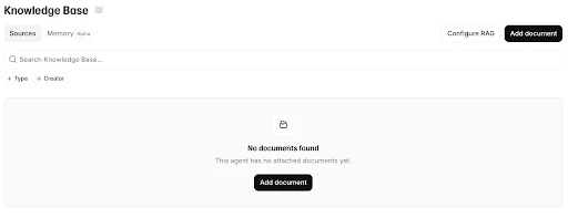 Knowledge Base interface with no documents added, option to add documents available.