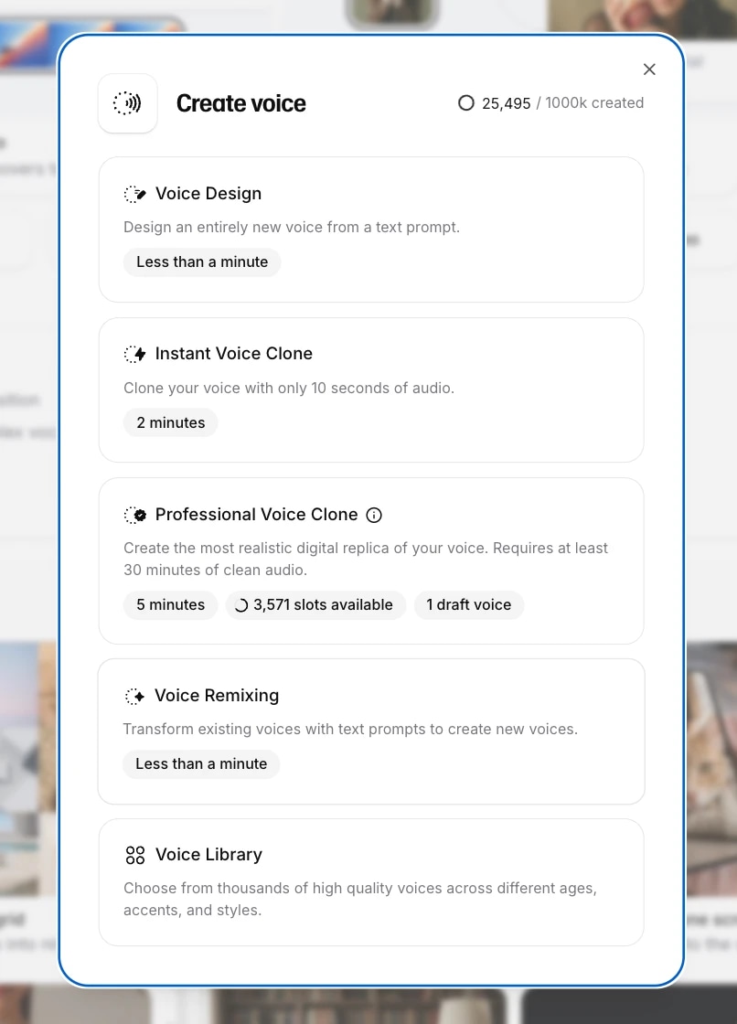 Voice creation interface with options for designing, cloning, remixing, and selecting voices.