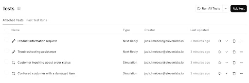 Test management interface showing a list of test scenarios with their types and creators.
