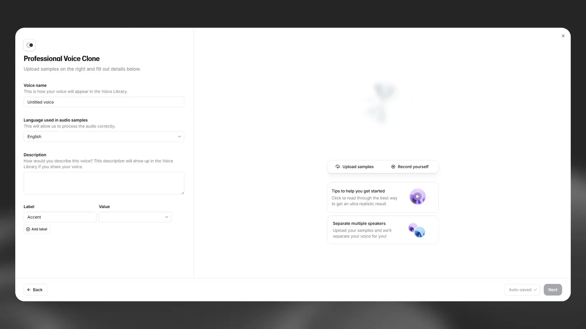 Professional Voice Clone interface for uploading and describing audio samples.