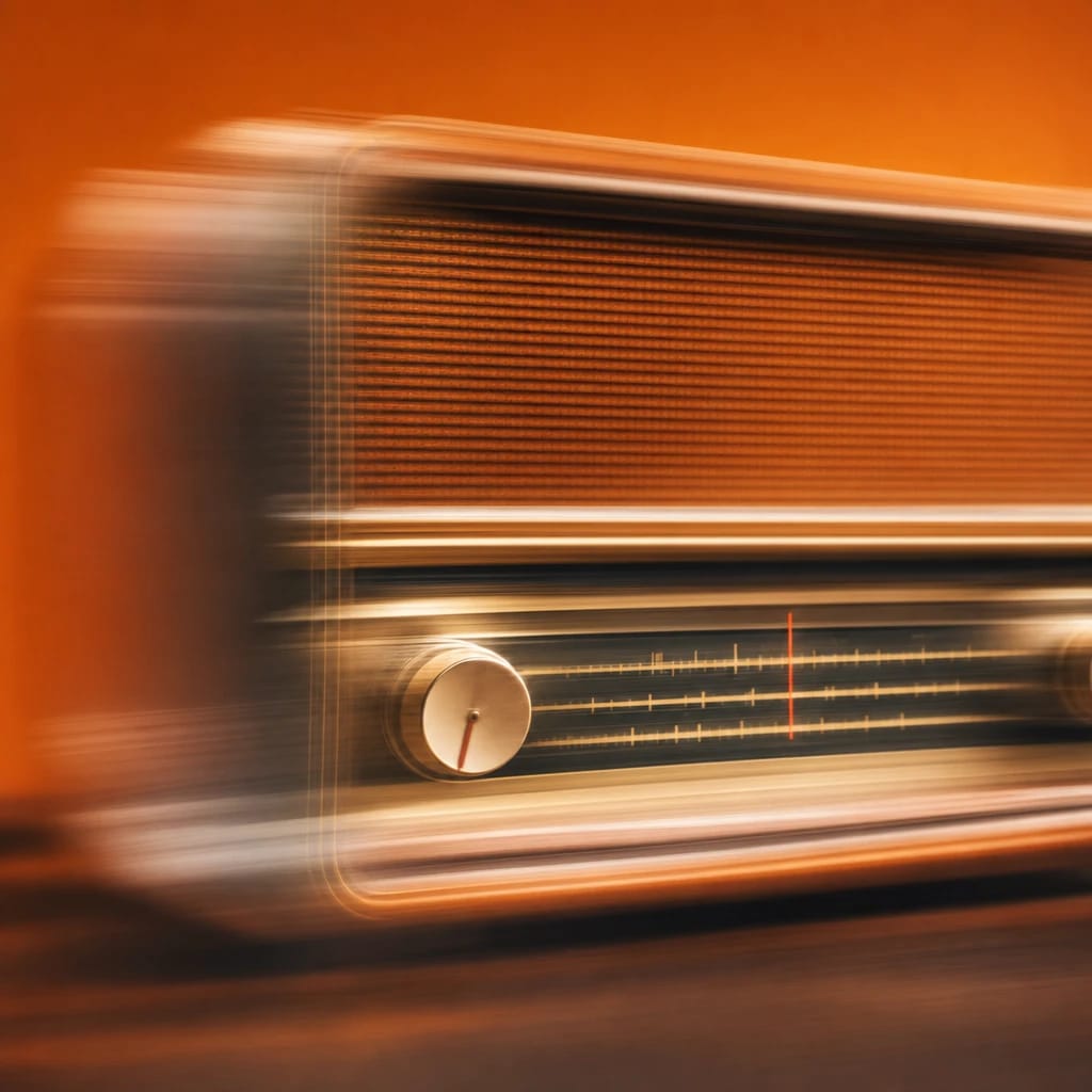 Stylized scene featuring a vintage radio receiver on a desk, rendered in deep green, off-white