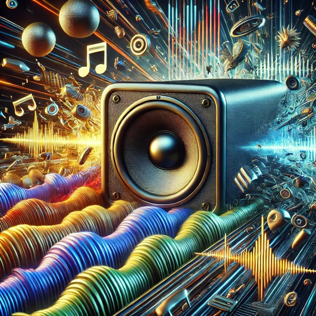 A large speaker surrounded by colorful musical notes, sound waves, and abstract elements representing music and sound.