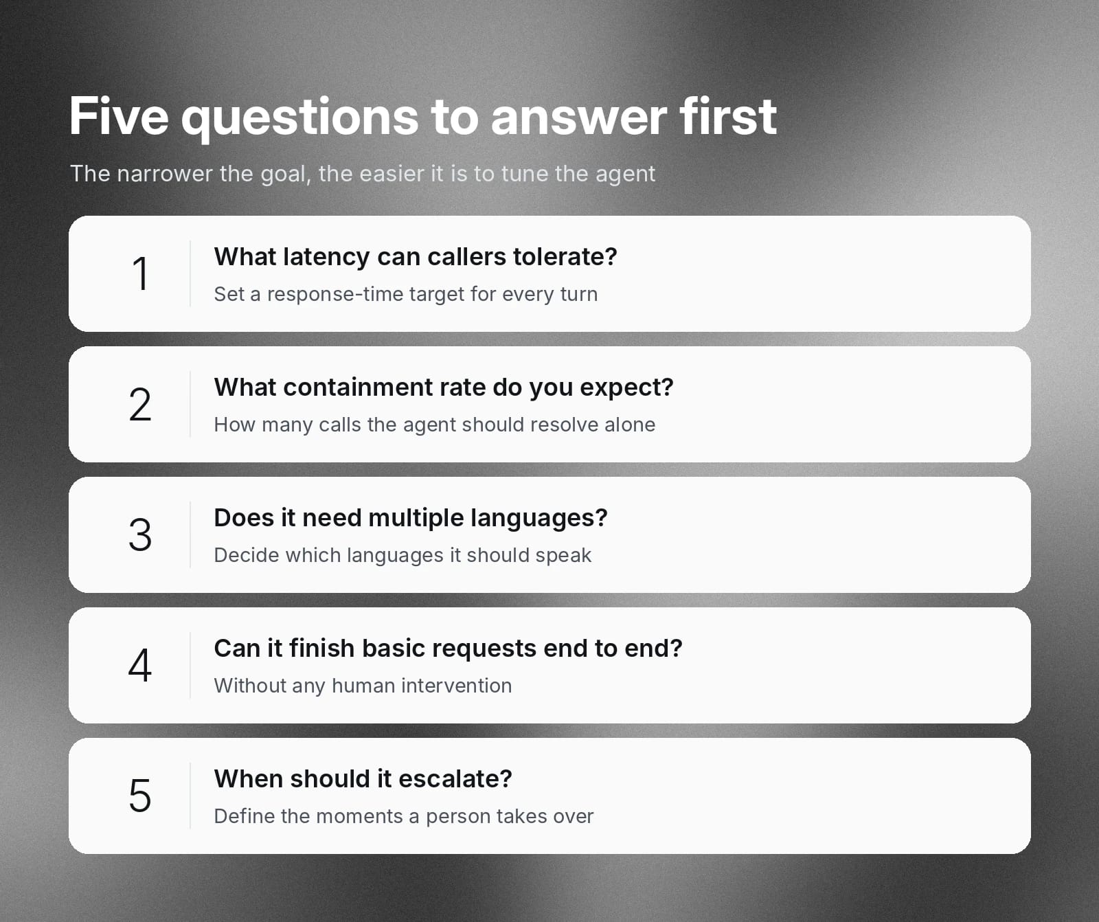 Five questions for tuning an agent: latency, containment, languages, autonomy, and escalation.