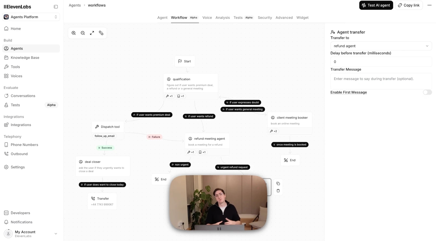 Conversational AI design. Workflow interface for managing agent transfers and meetings in ElevenLabs platform.