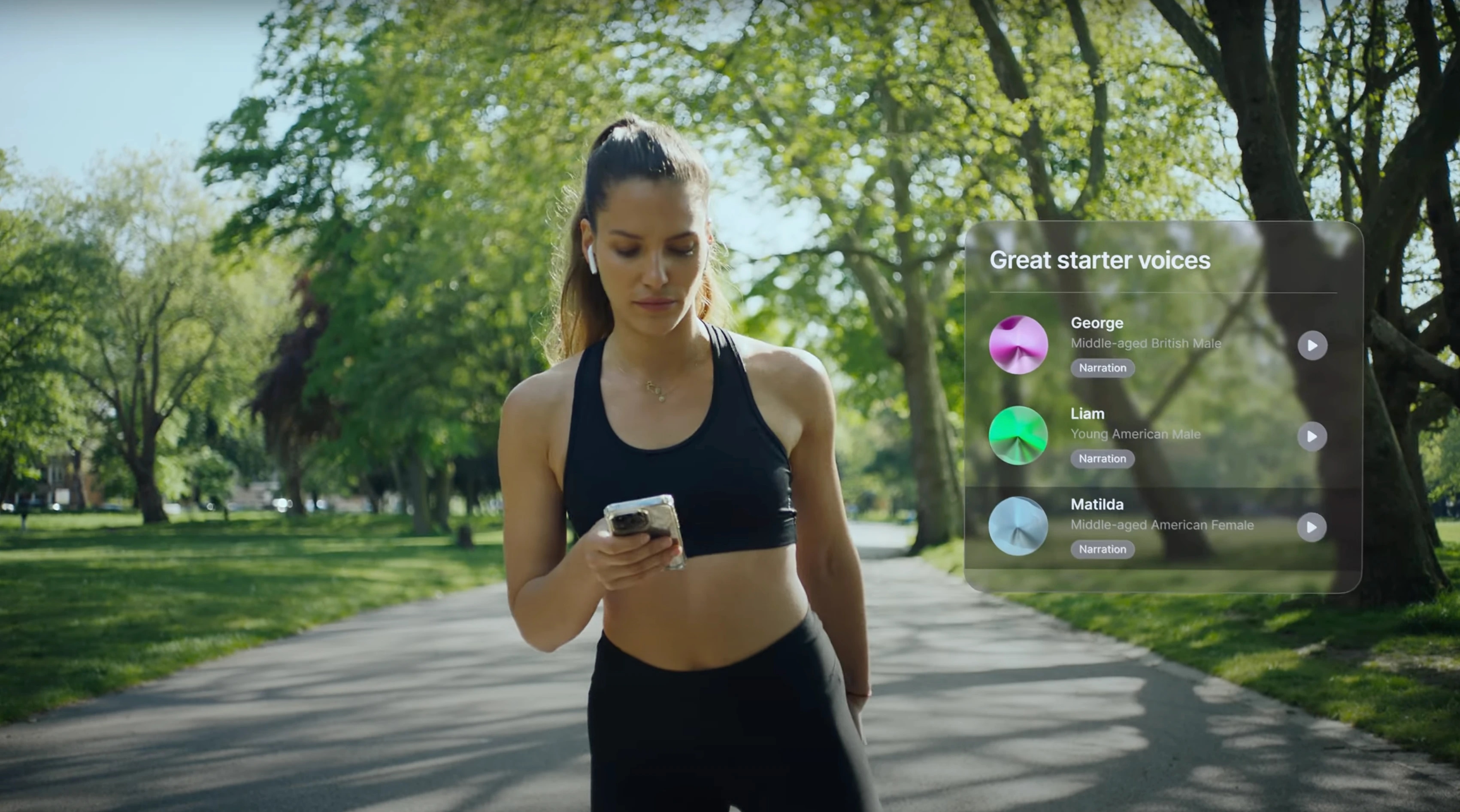 A young woman in athletic clothing looking at her phone outdoors with a virtual overlay of voice options on the right side.