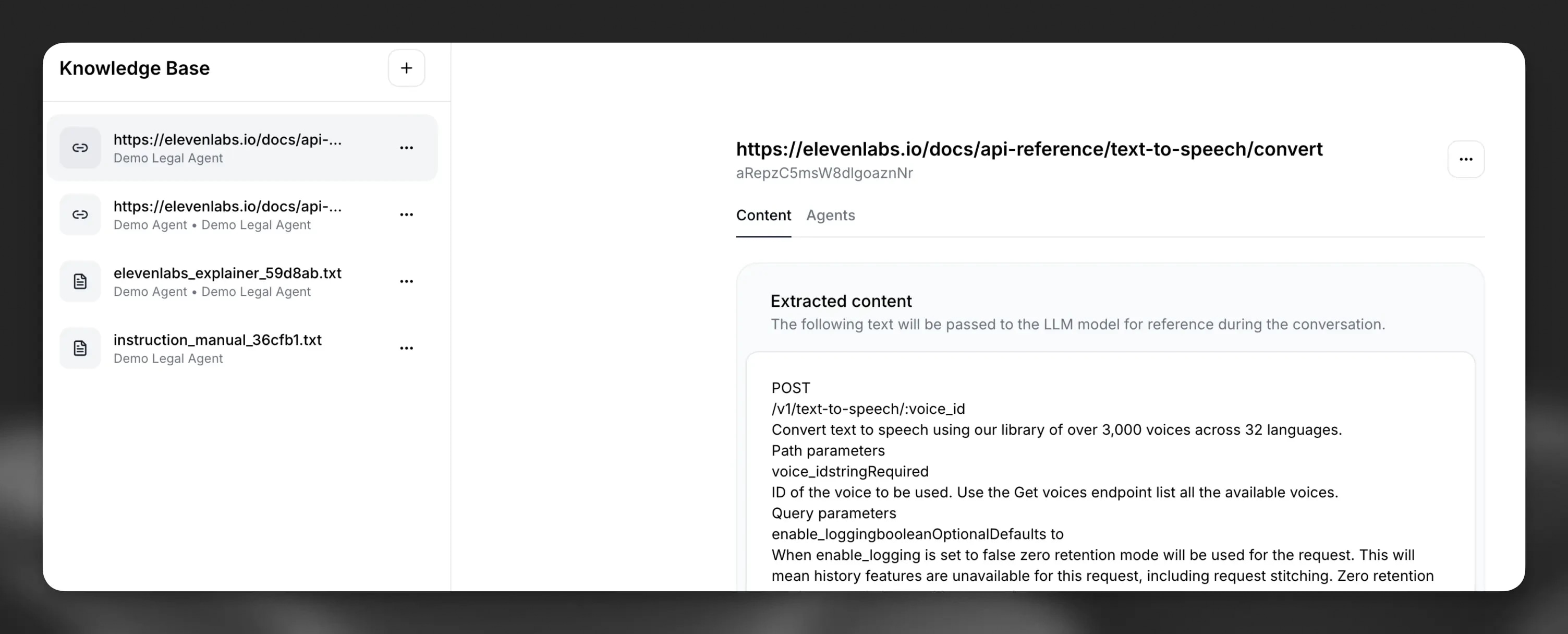 Knowledge base dashboard ui elevenagents