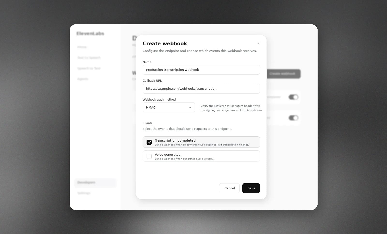 Create webhook dialog configuring callback URL, HMAC authentication, and event subscriptions.